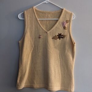 Vintage Embellished Embroidered Sweater Vest Cream Flowers Ladybug